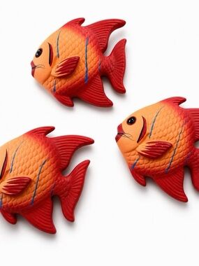 Mexican Ceramic Pottery Set of 3 Red/Orange Fish Wall Hang Art Hand painted
